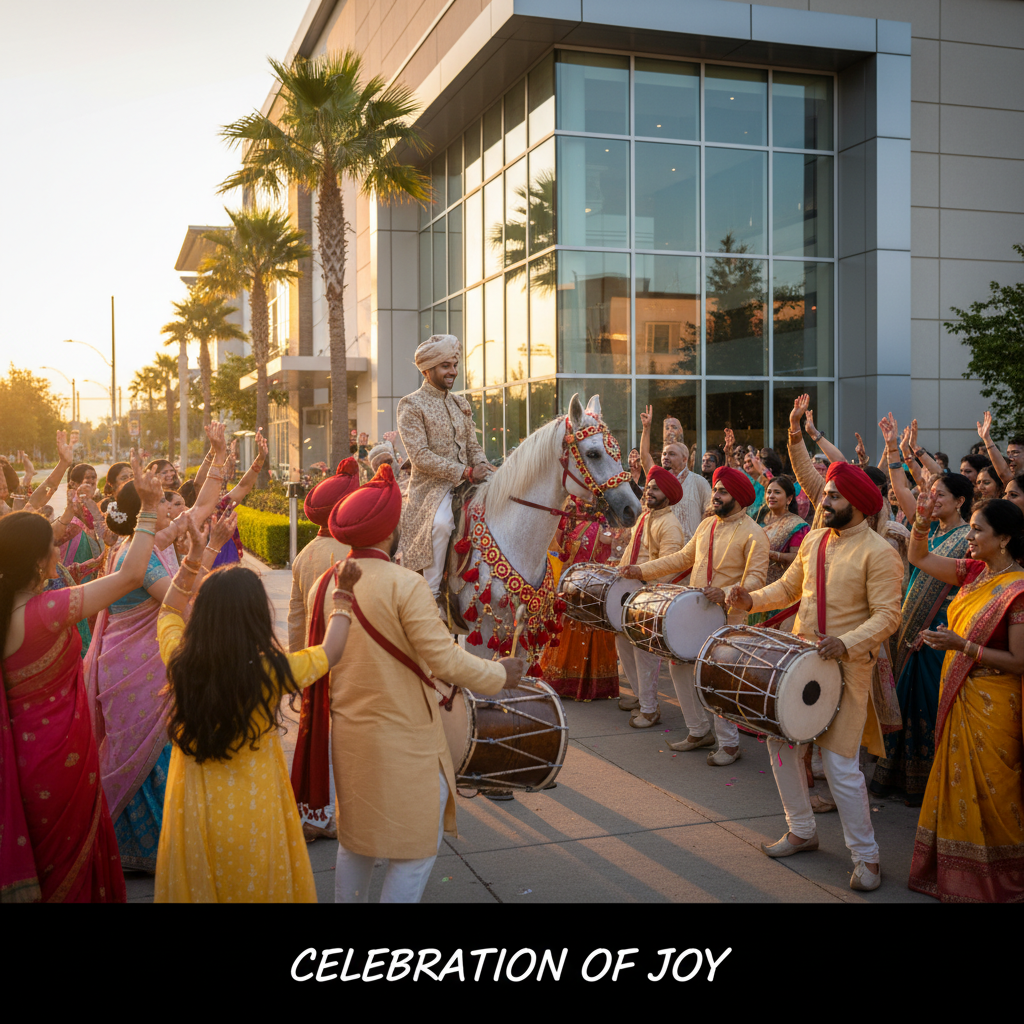 Baraat procession outside a Mississauga wedding venue with dhol players and guests dancing