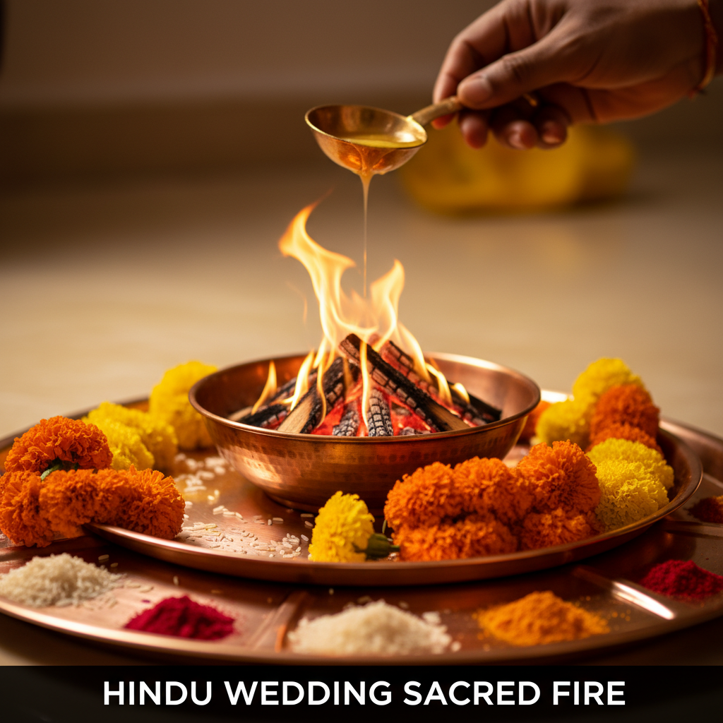 Close-up of havan kund during a Hindu wedding ceremony in Mississauga event venue, with marigolds and ritual items