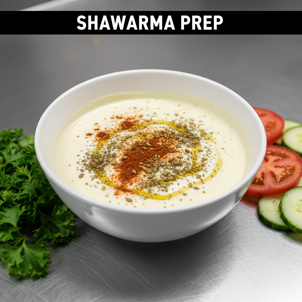 Close-up of chicken shawarma wrap ingredients including yogurt-lemon-garlic marinade and spices, fresh vegetables, and herbs in Toronto at Shawarma West