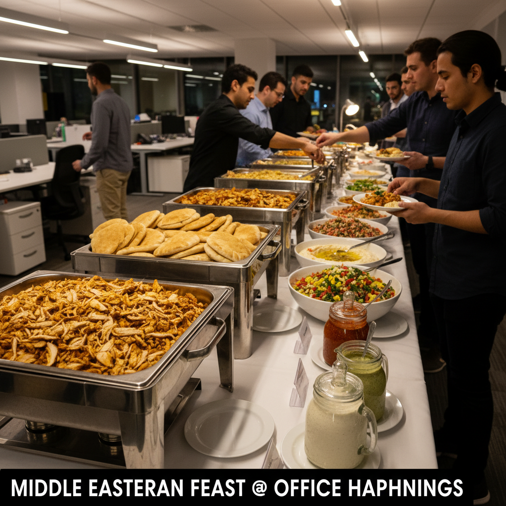 Catering buffet with chicken shawarma, pita, salads, and sauces in an office setting in downtown Toronto, ideal for group catering