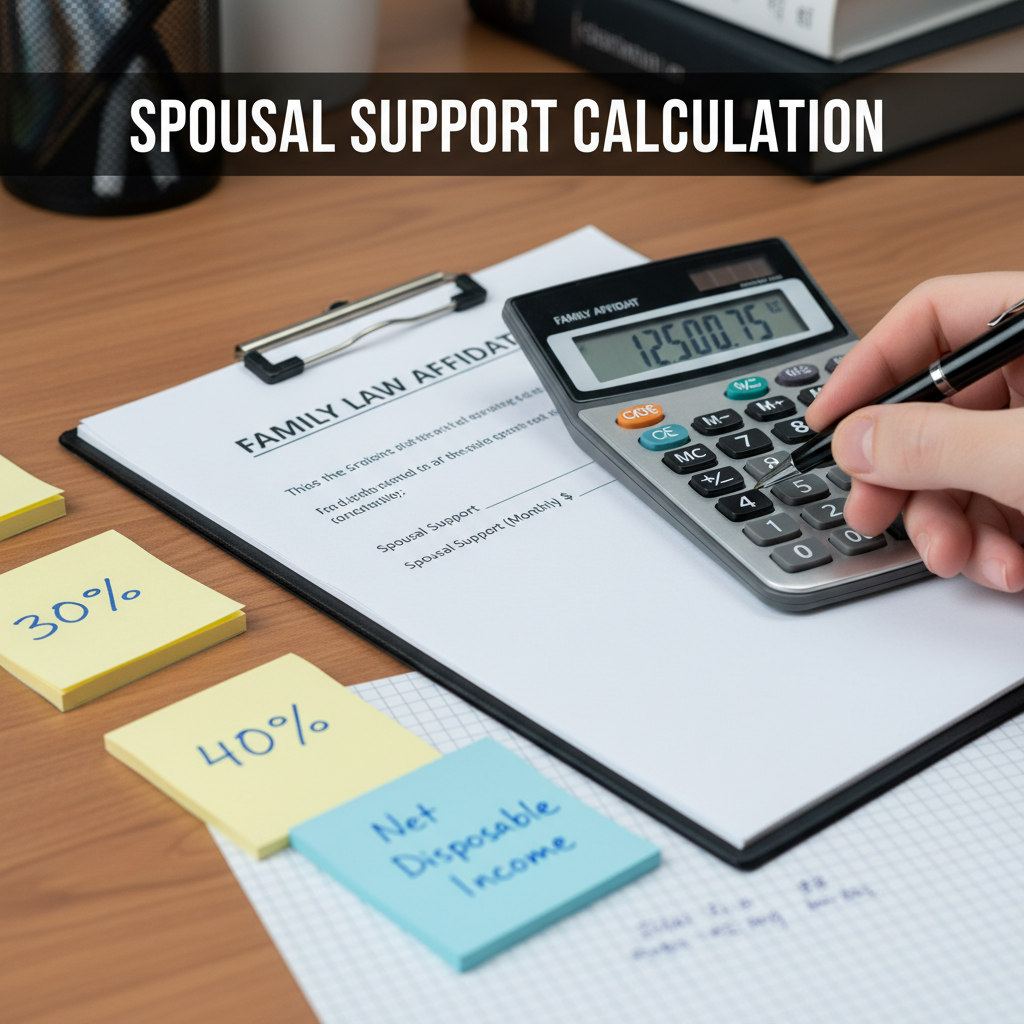 Close-up spousal support calculation with affidavit and calculator in Toronto; spousal support lawyer modeling SSAG ranges and tax impacts