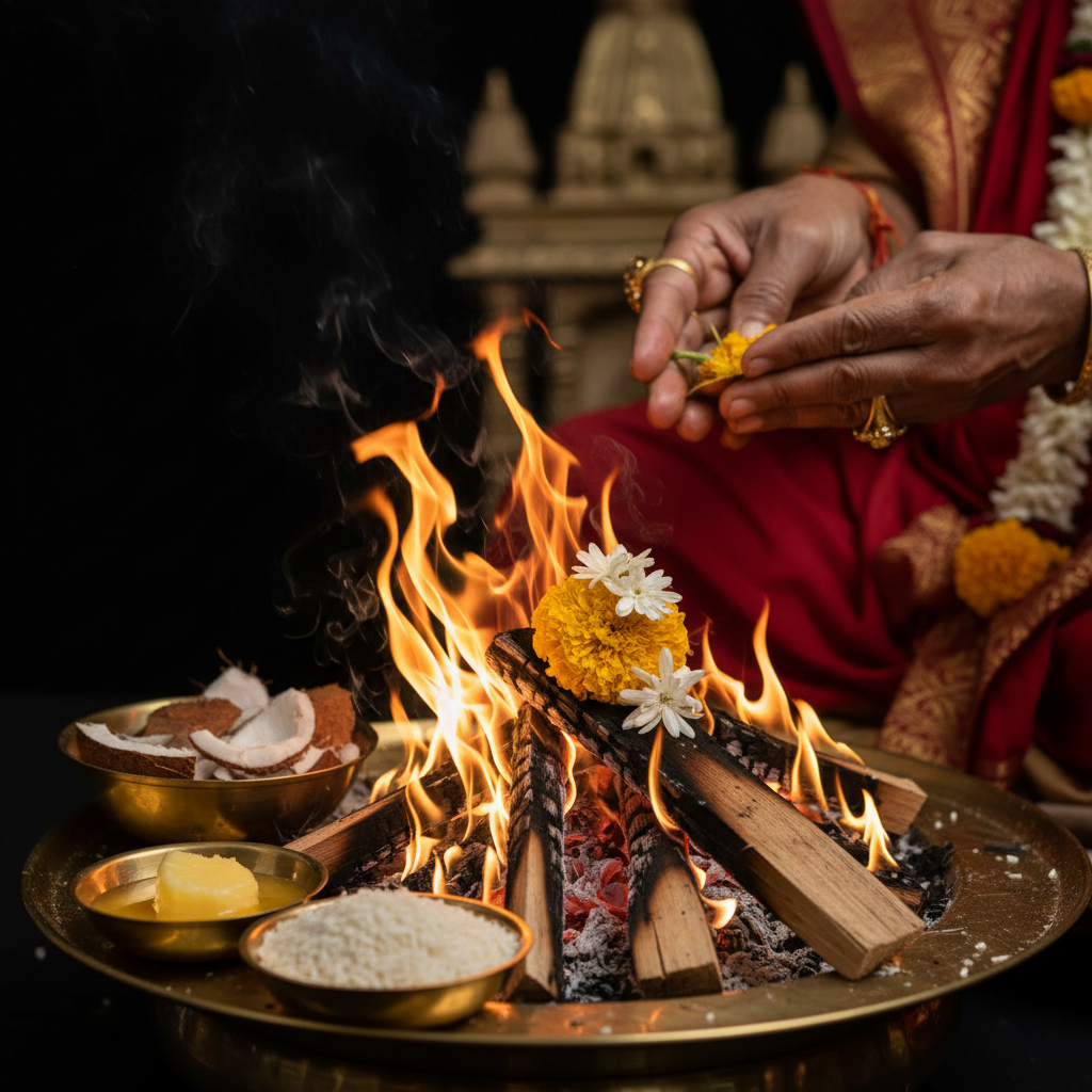 Close-up of havan kund for Hindu wedding ceremony with marigold petals and offerings in Mississauga event venue