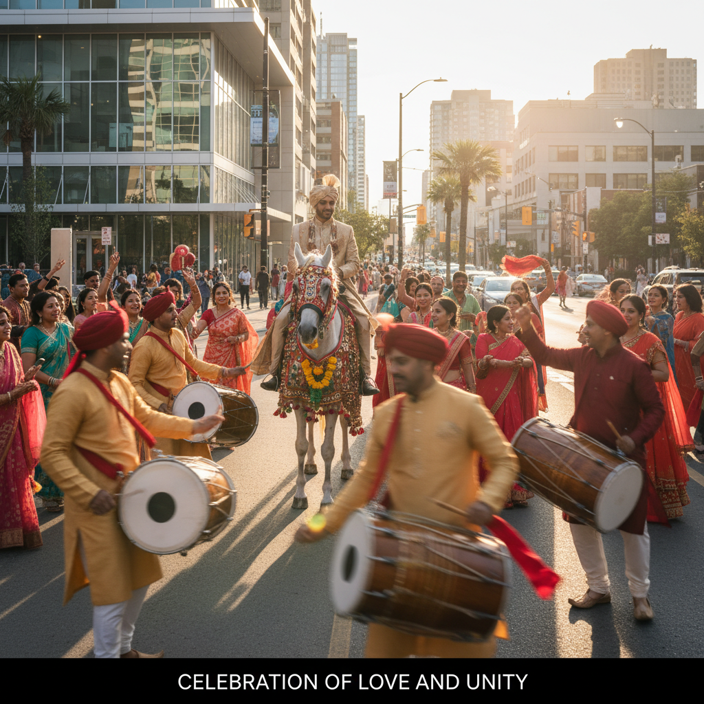 Baraat procession outside Mississauga event venue with groom on horse and dhol drummers during Hindu wedding