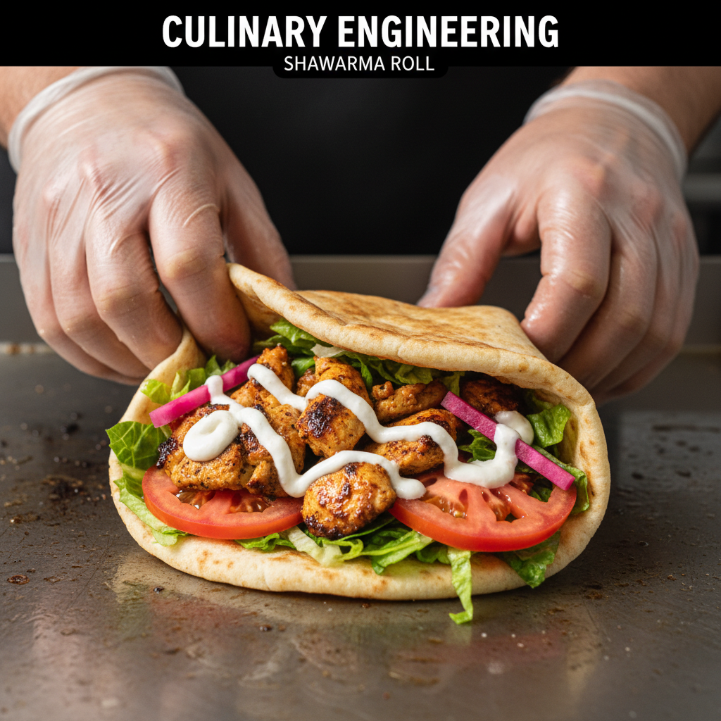 Close-up of a fresh chicken shawarma pita being wrapped with garlic sauce, pickled turnips, tomatoes, and lettuce in a Toronto kitchen