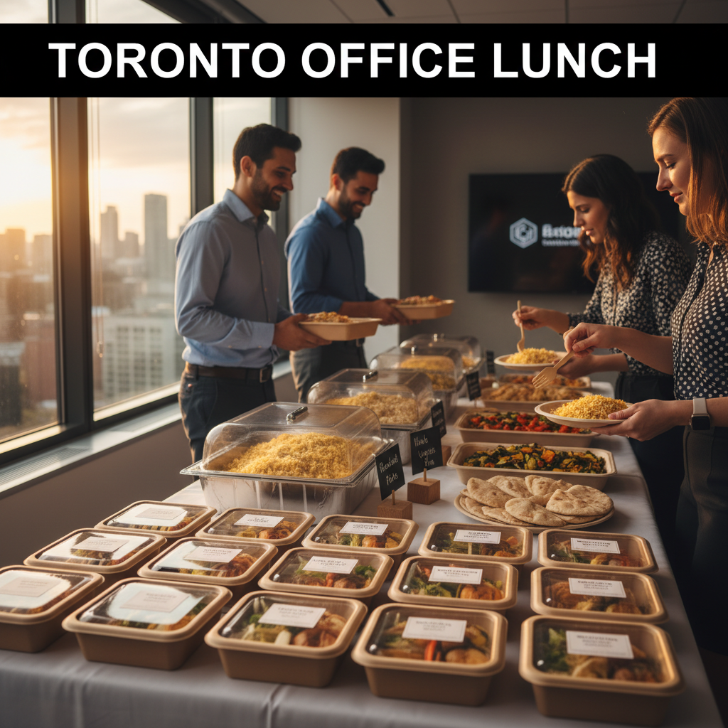 Office catering in Toronto with individually packaged chicken shawarma lunch boxes and labeled buffet trays for teams