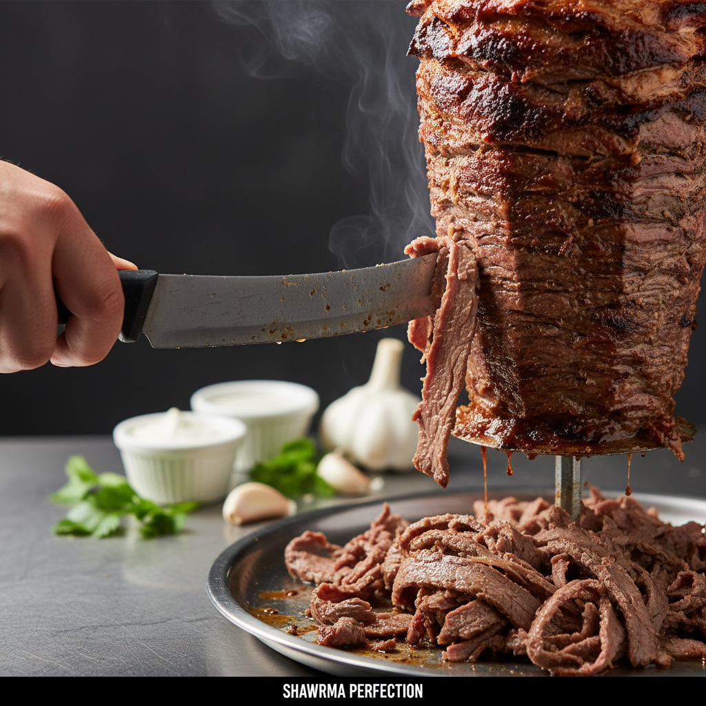 Close-up of beef carved from a vertical shawarma rotisserie in Toronto showing crispy edges and juicy interior for a beef shawarma wrap
