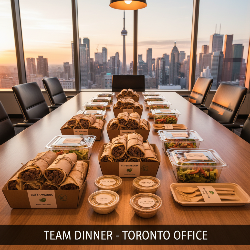 Top-down catered spread of individually packaged beef shawarma wraps, sauces, and salads for a Toronto office meeting