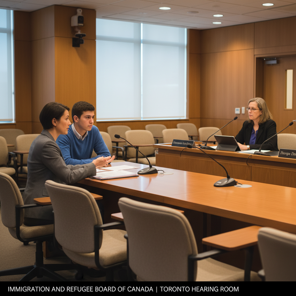 Side-angle view of a Toronto IRB hearing room, illustrating what clients can expect with a deportation immigration lawyer present