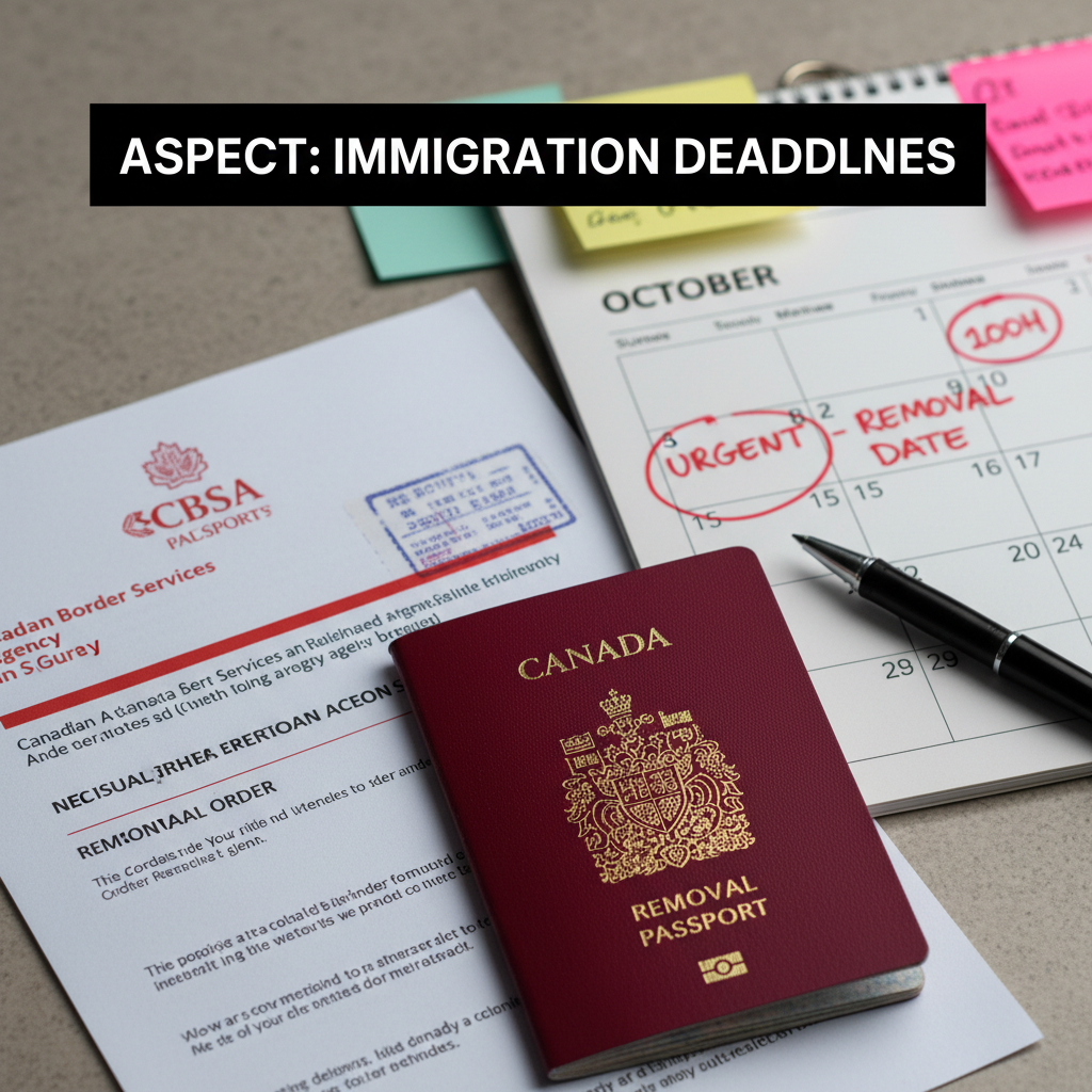 Close-up of CBSA removal order with passport and deadlines, illustrating deportation immigration lawyer timeline planning