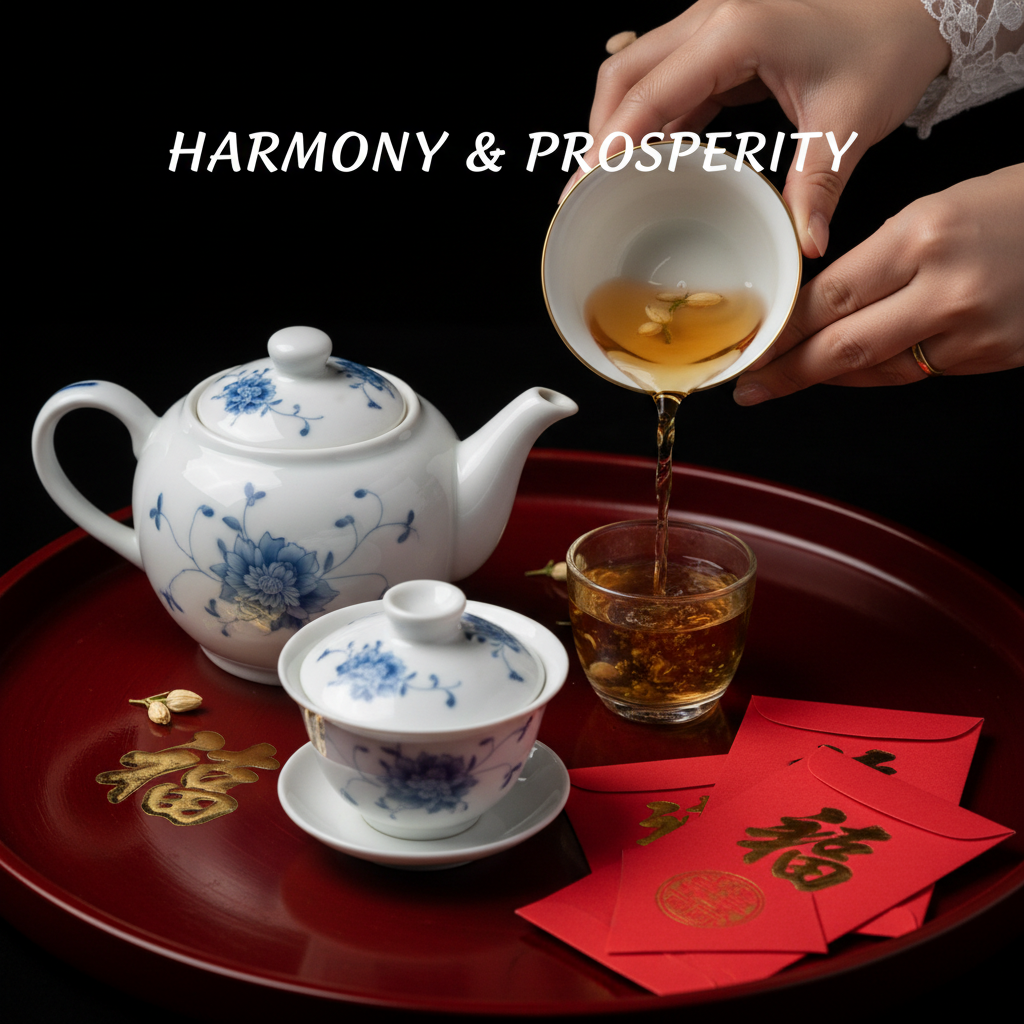 Close-up of tea ceremony set with jasmine tea, red envelopes, and porcelain teapot for a tea ceremony wedding in Mississauga