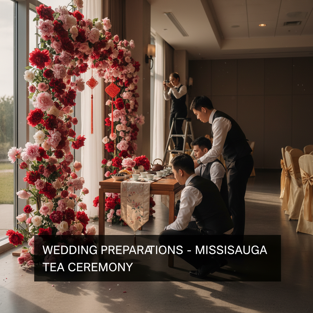Venue team setting a tea ceremony wedding backdrop and table in a Mississauga ballroom at Palacio Event Centre