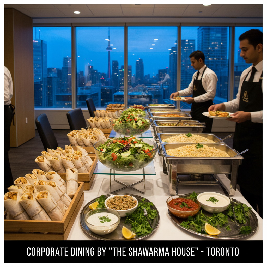 Corporate catering layout in downtown Toronto with individually packaged chicken shawarma wraps and buffet trays for office events