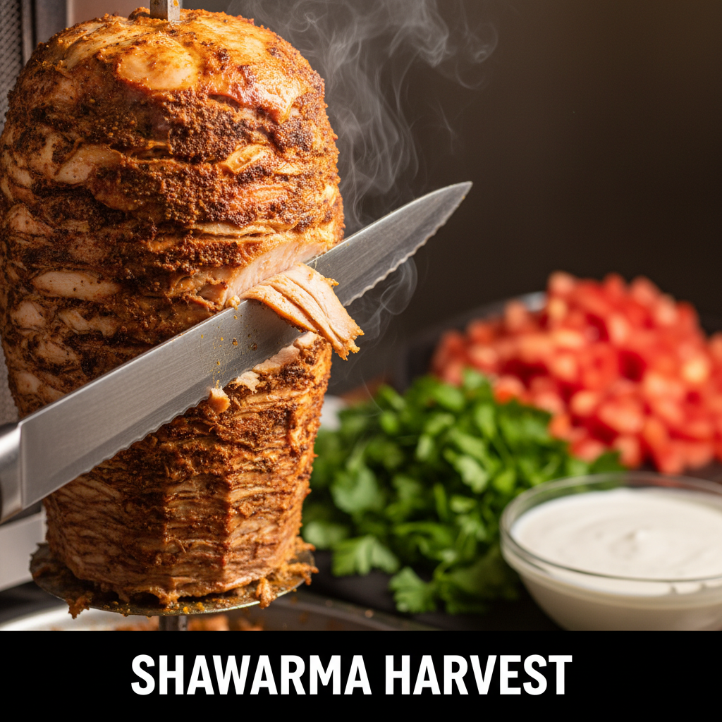 Close-up of juicy chicken shawarma being shaved from the rotisserie spit with spice crust and steam, perfect for a chicken shawarma wrap in Toronto