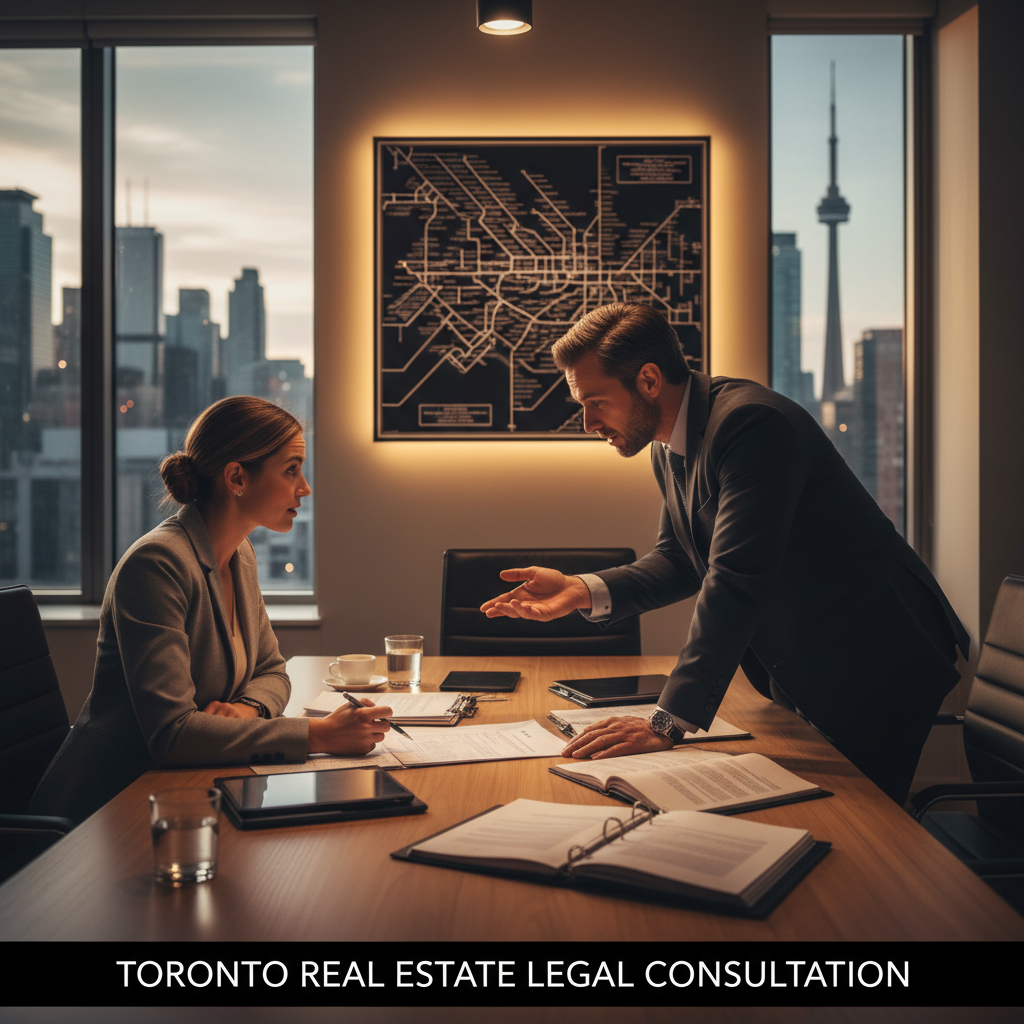 Client meeting with a real estate lawyer in a modern Toronto office reviewing a purchase agreement—smooth GTA closing process