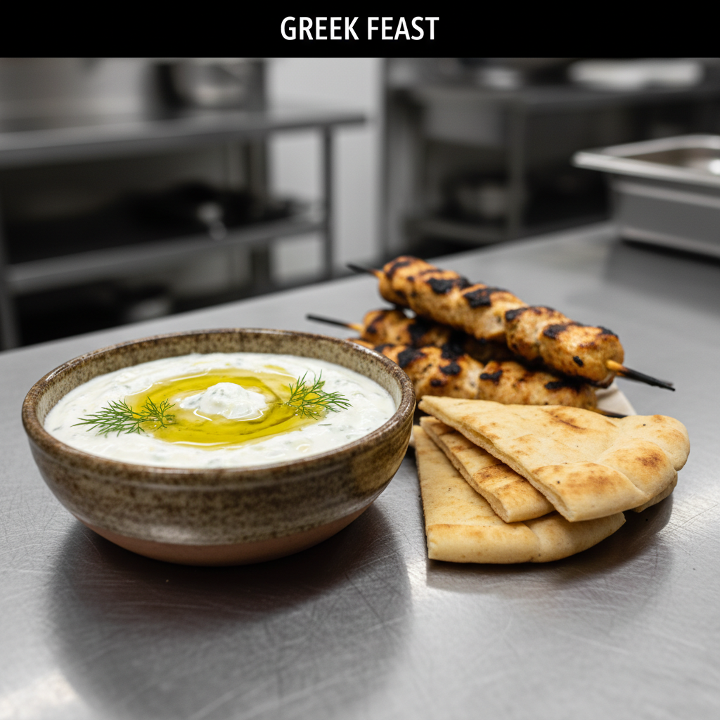 Close-up tzatziki, souvlaki, and pita for Greek catering and events in Toronto