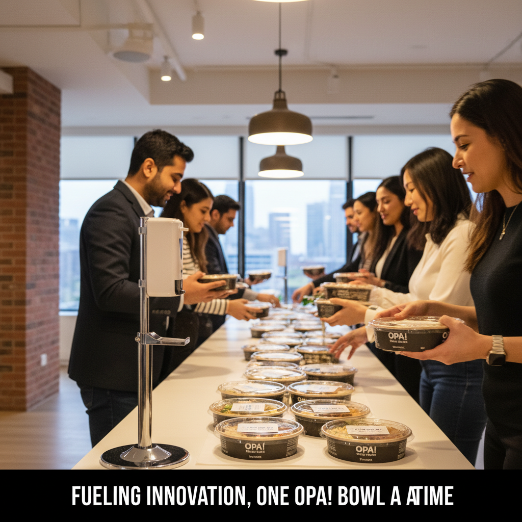 Office team picking up individually packaged Greek shawarma bowls in Toronto