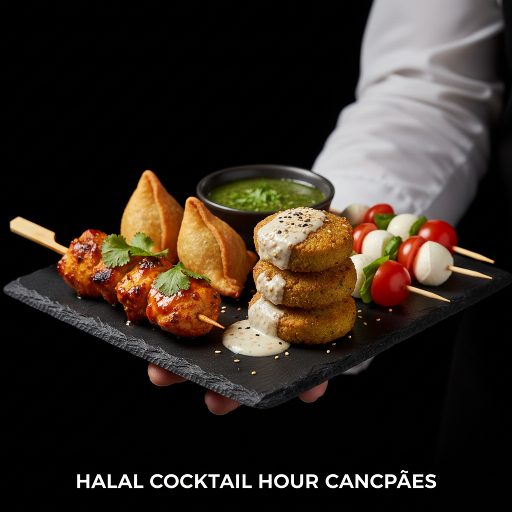 Halal canapés for a cocktail hour wedding: chicken tikka skewers, samosas, falafel, caprese skewers on a tray at a Mississauga event venue