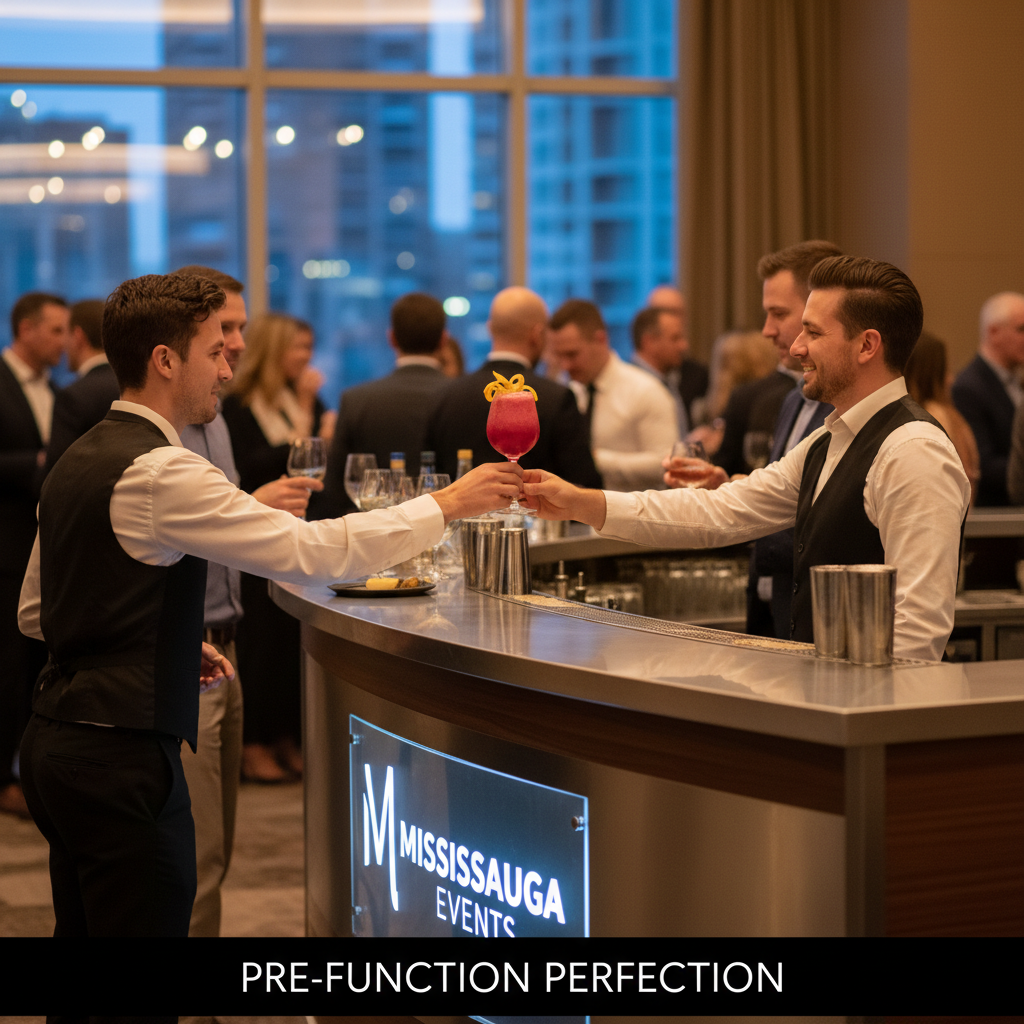 Cocktail hour wedding bar scene: bartender serving a signature mocktail at a modern Mississauga event venue lounge