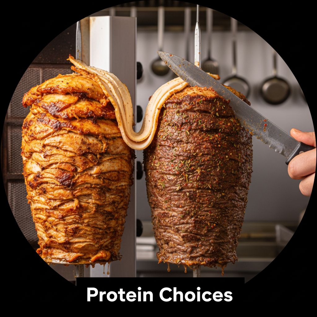 Close-up of chicken and beef shaved from vertical spits for a mixed shawarma plate in Toronto, showing crispy edges and spices