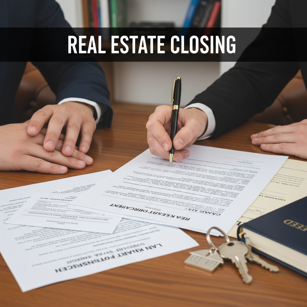 Close-up of signing documents for real estate lawyer services in Toronto, including house keys, bank draft, and land transfer tax statement