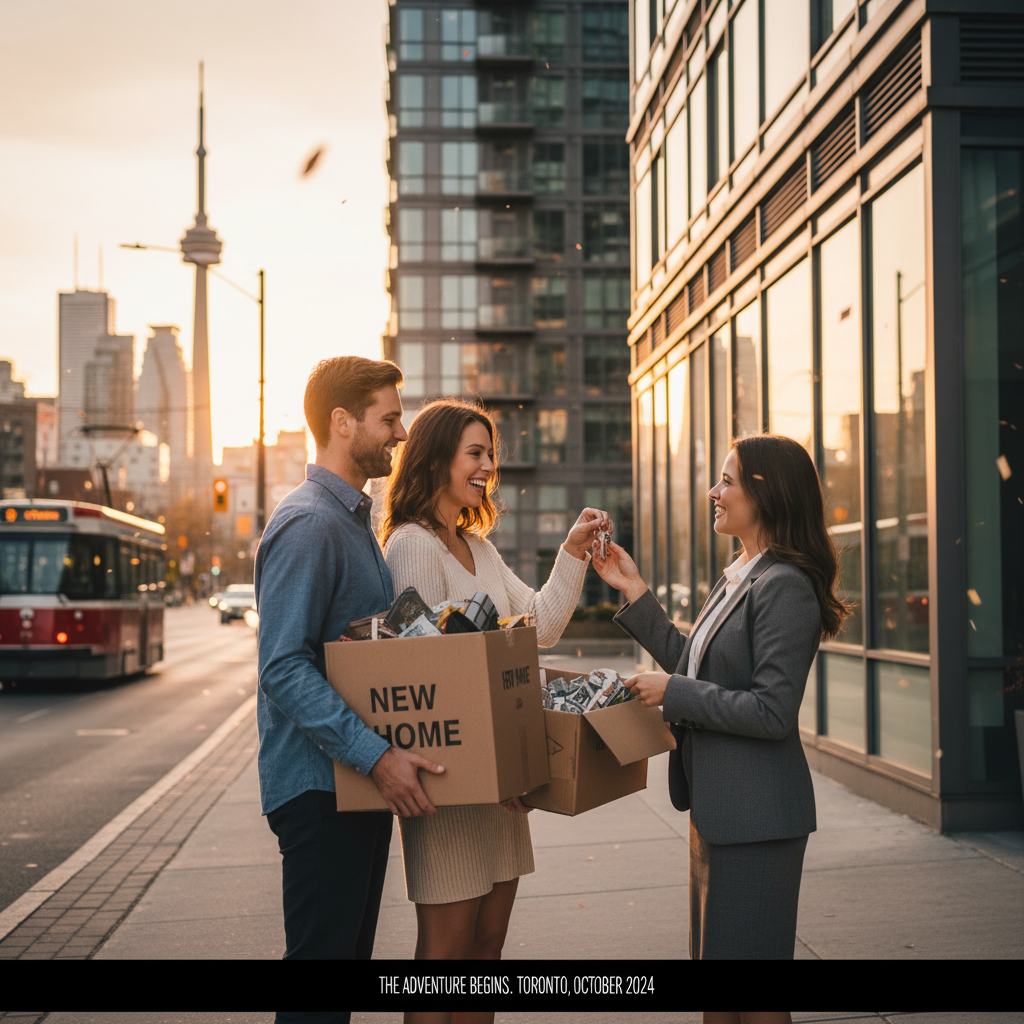 New homeowners receiving keys after a Toronto real estate closing, outside a modern condo building at golden hour