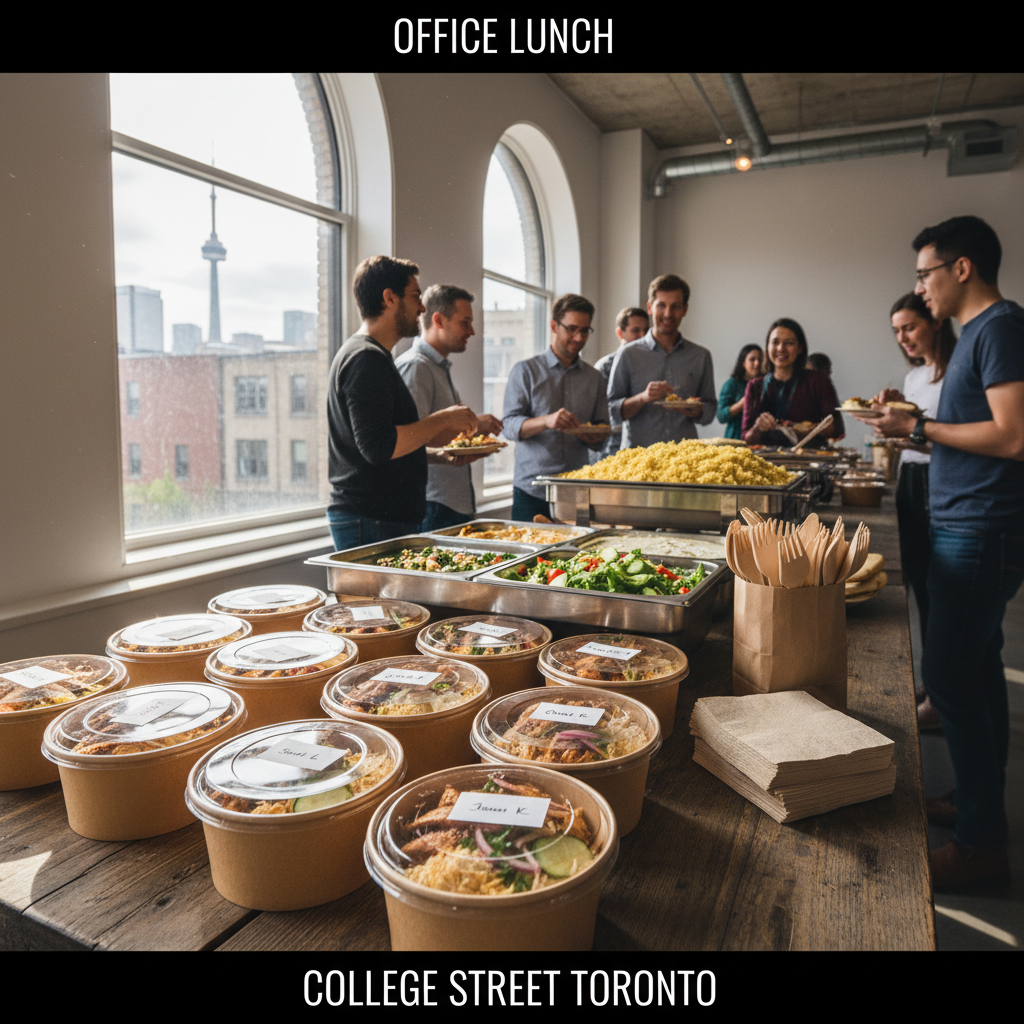 Office catering setup with individually packaged chicken shawarma bowls and buffet trays near College Street in Toronto, showing halal-friendly corporate catering