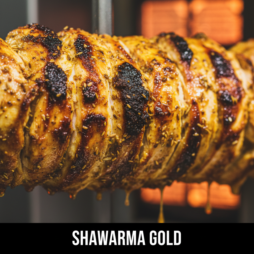 Close-up of chicken shawarma on vertical rotisserie with crispy edges and spices, showcasing authentic chicken shawarma texture and flavor