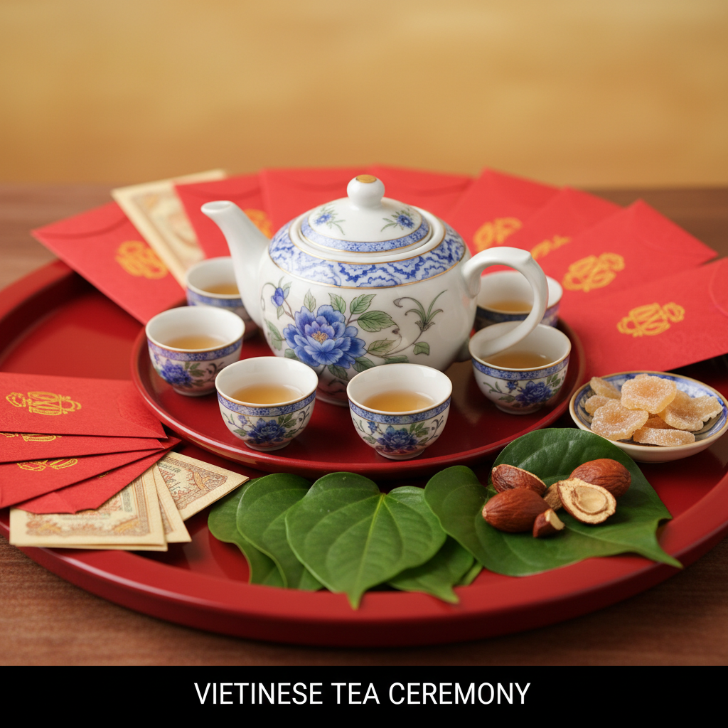 Close-up of Vietnamese tea ceremony set with red envelopes and porcelain teapot at a Mississauga event venue