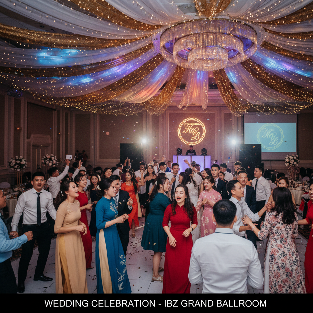 Vietnamese wedding dance floor in Mississauga Grand Ballroom with lion dance and LED lights
