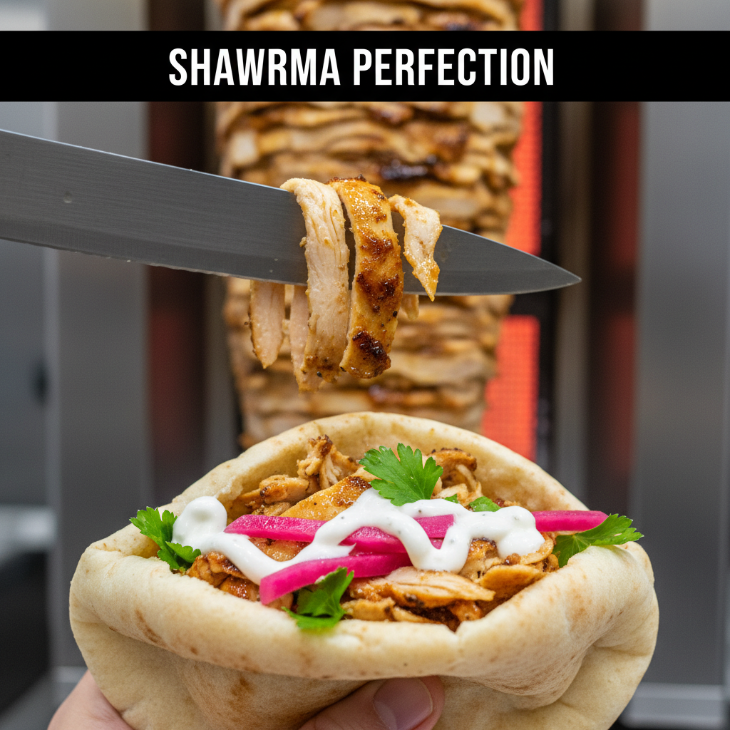Close-up chicken shawarma pita wrap being carved from rotisserie with garlic sauce and pickled turnips in Toronto