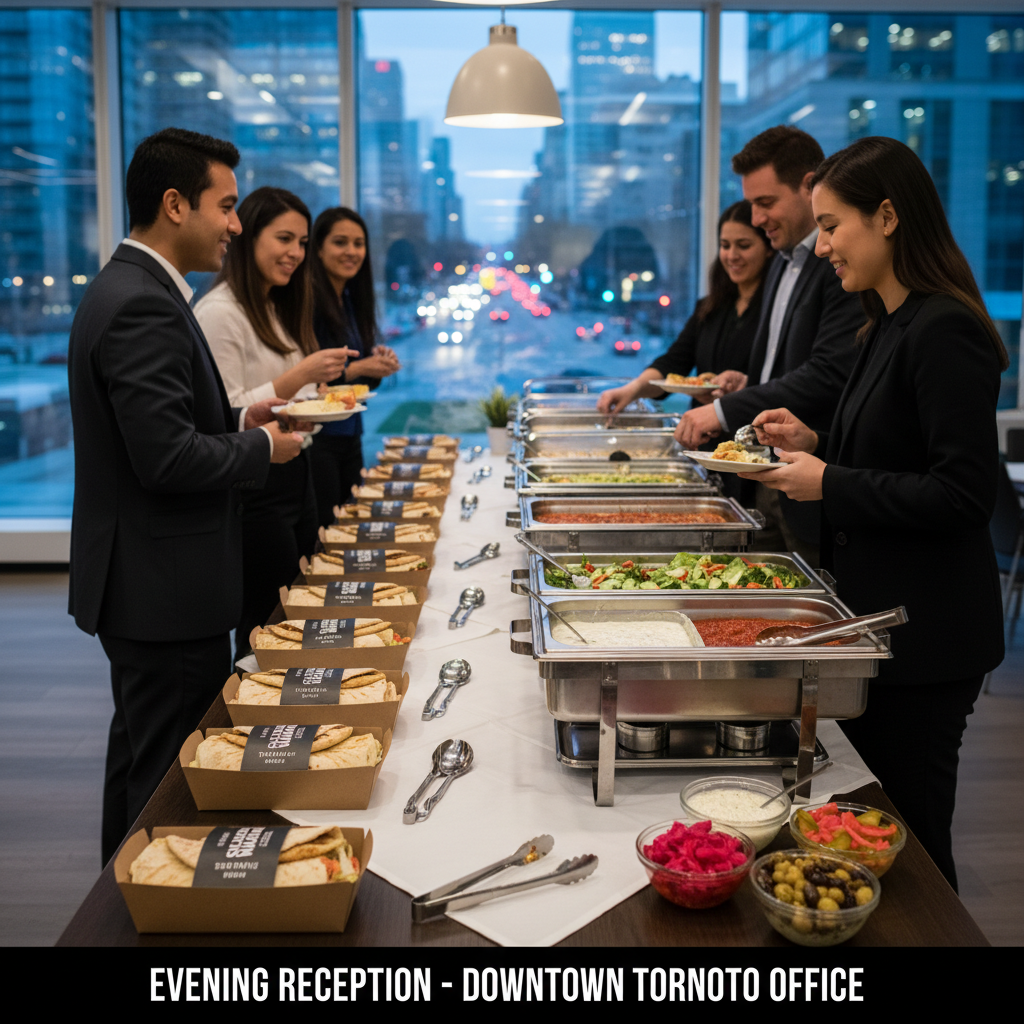 Shawarma catering Toronto setup with individually packaged wraps and buffet trays in a downtown office lobby