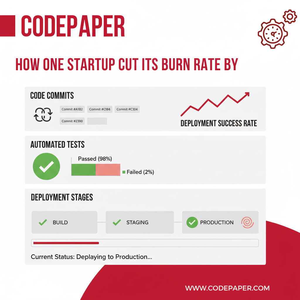 CI/CD dashboard for a web app development company showing automated tests and deployments