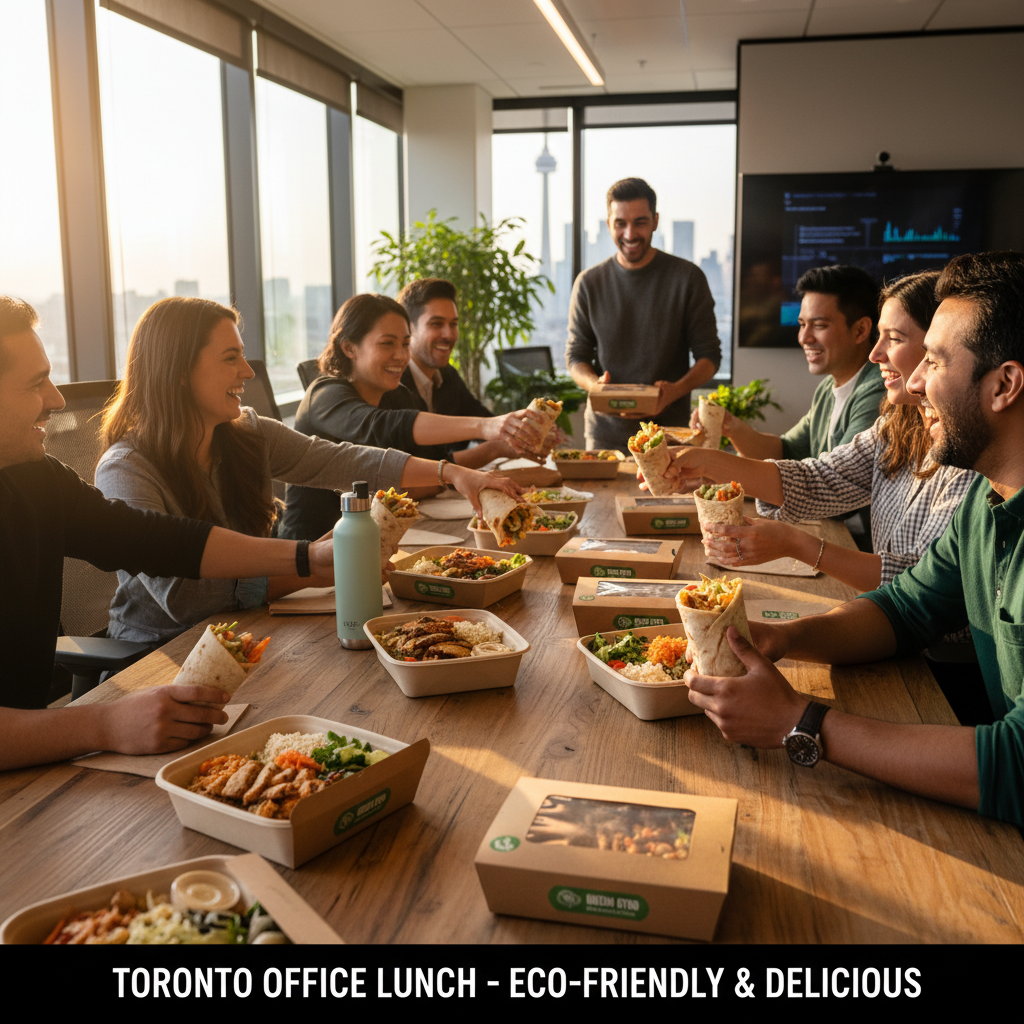 Office catering in Toronto with individually packaged shawarma bowls and gyro wraps for corporate teams