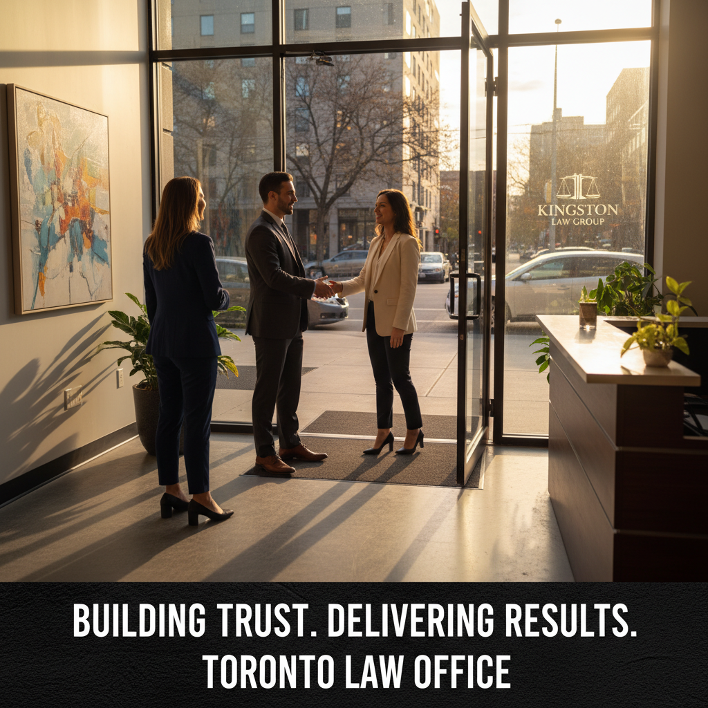 Toronto law office lobby near 23 Westmore Dr. Unit #218A where clients meet a real estate lawyer for closing consultation