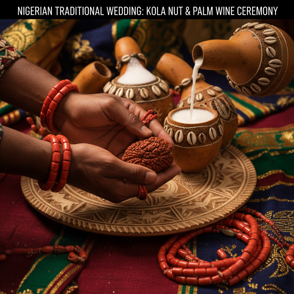 Close-up of kola nut and palm wine ceremony setup at a Nigerian traditional wedding, detailed shot for Mississauga event venue planning