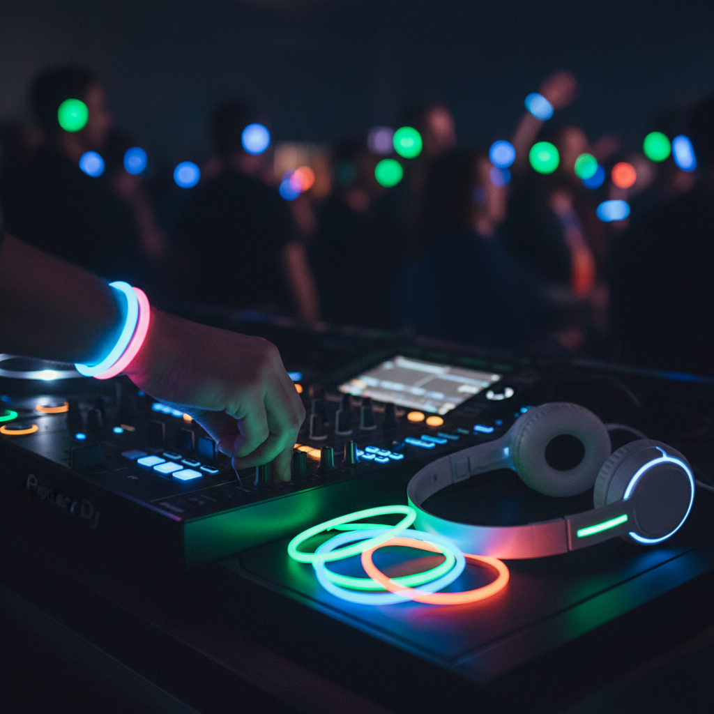 Close-up DJ controller at a wedding after party with neon bands and silent disco headphones in Mississauga