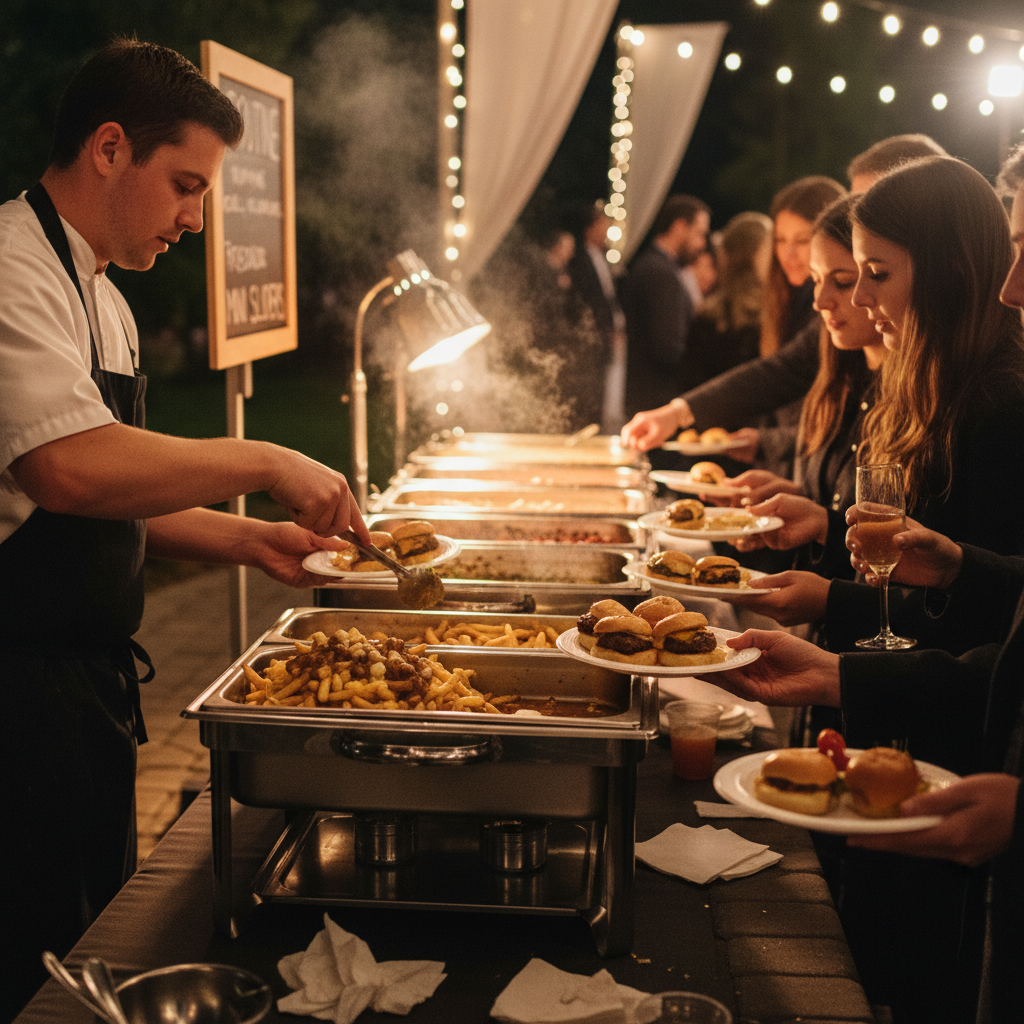 Late-night food station with poutine and mini sliders fueling a wedding after party in Mississauga