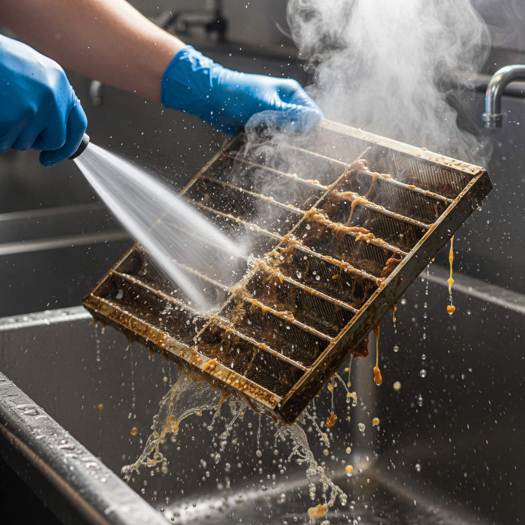 Close-up oven vent baffle filter being pressure-washed during kitchen exhaust cleaning in an Ontario restaurant