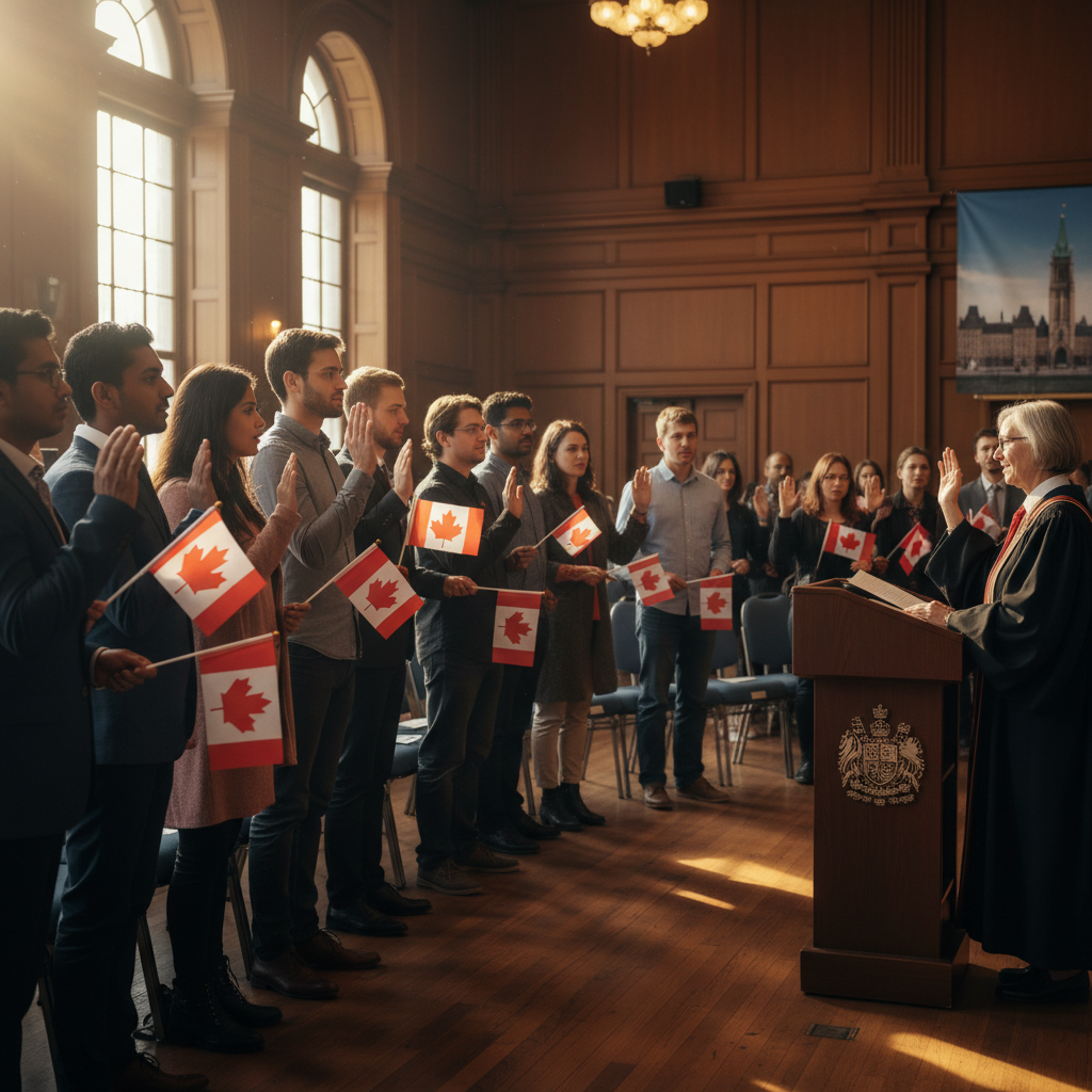Citizenship oath ceremony in Toronto with diverse applicants—immigration lawyer for citizenship support