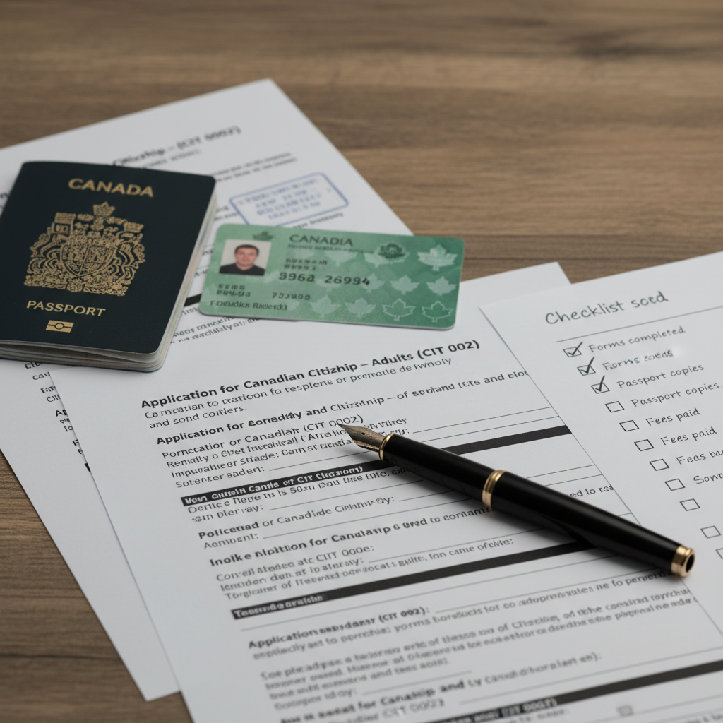 Close-up of Canadian citizenship application forms and checklist, immigration lawyer for citizenship in Toronto