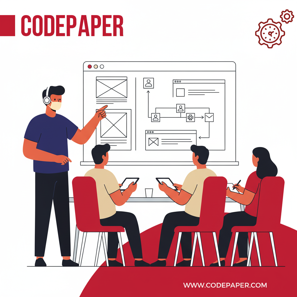 Client workshop at a Toronto web application development agency reviewing wireframes and user journeys