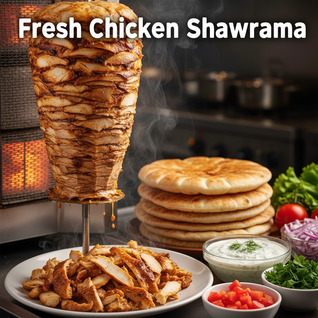 Fresh chicken shawarma being carved for a chicken shawarma platter in Toronto office catering