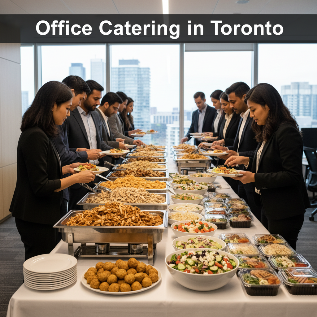 Corporate buffet with chicken shawarma platters and Greek salad for office catering in Toronto