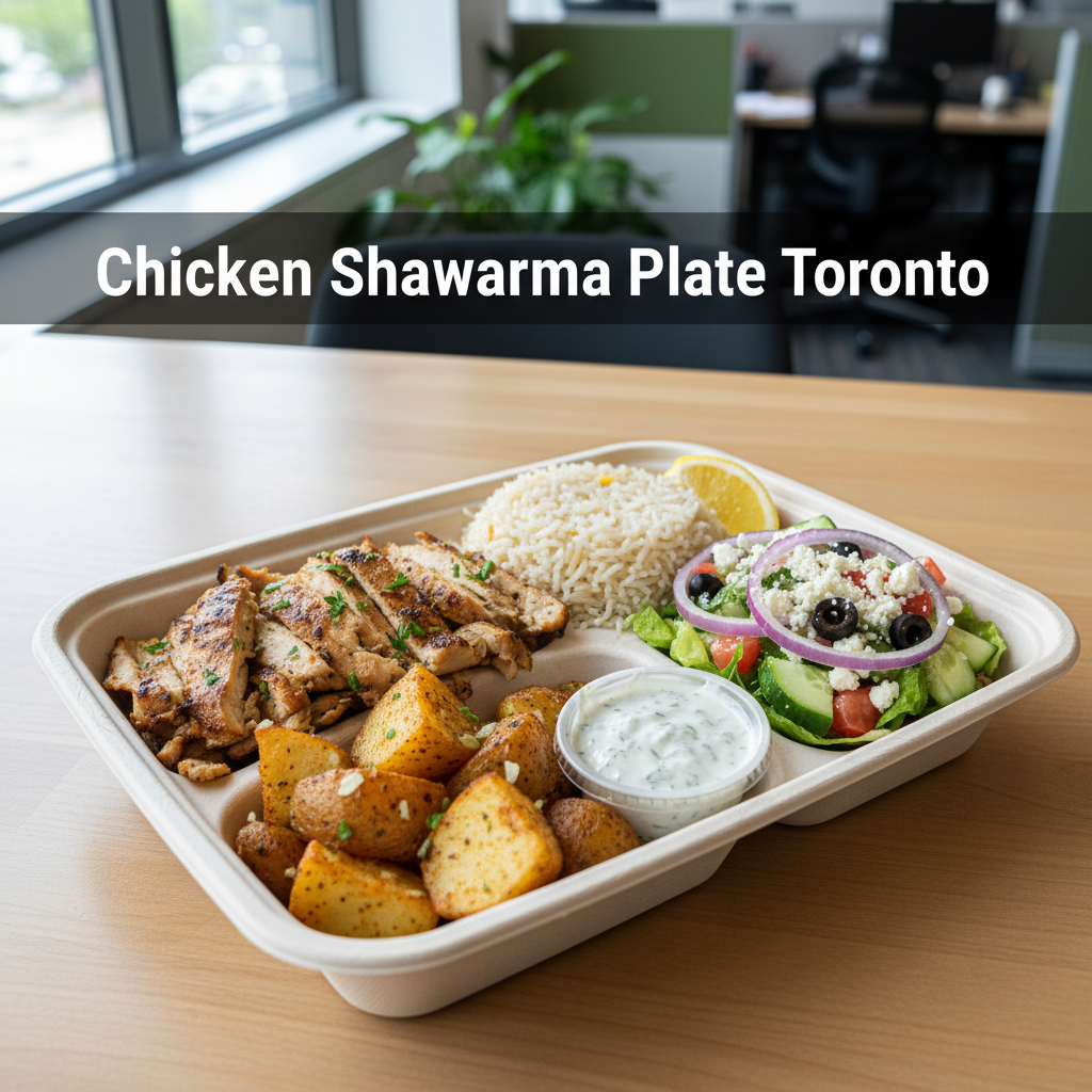 Chicken shawarma plate Toronto with rice, garlic potatoes, Greek salad, and tzatziki for office catering