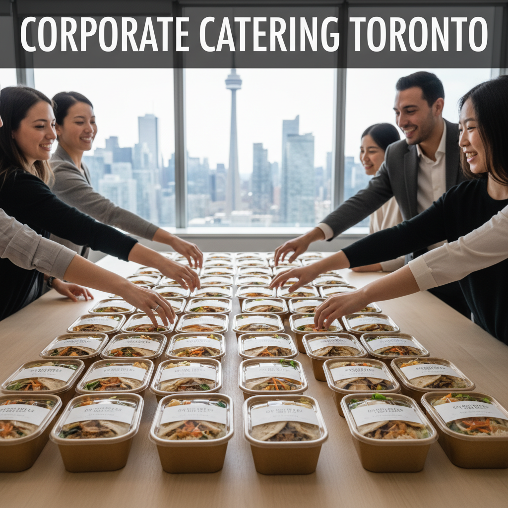 Individually packaged shawarma bowls and wraps labeled for corporate catering Toronto