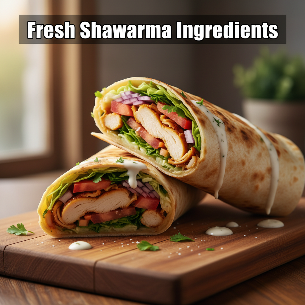 Fresh chicken shawarma wrap in Toronto with juicy meat, vegetables, and garlic sauce