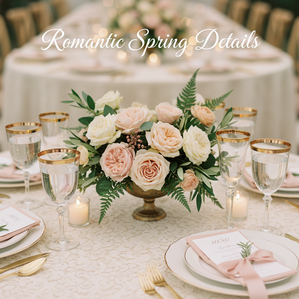 Romantic spring wedding table details at a Mississauga event venue