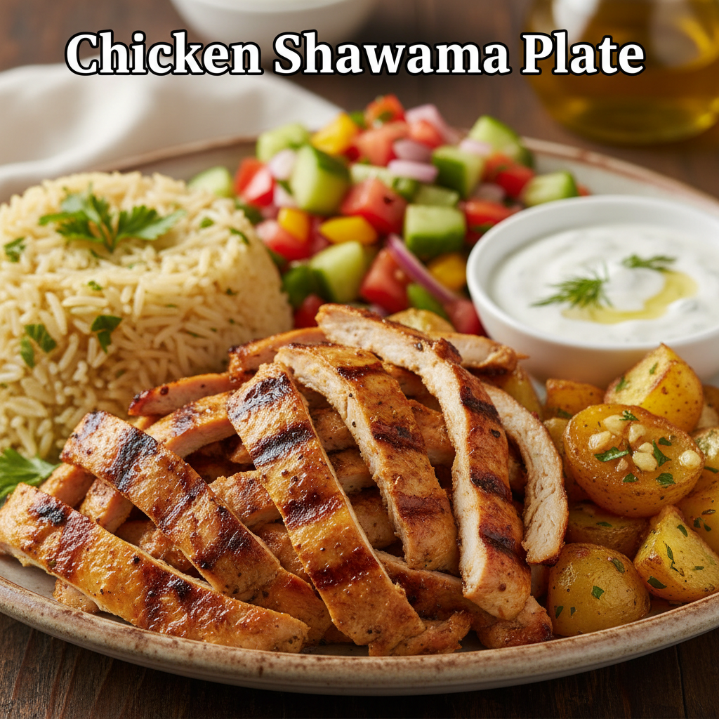 Chicken shawarma plate Toronto with rice salad tzatziki and garlic potatoes from Shawarma Moose