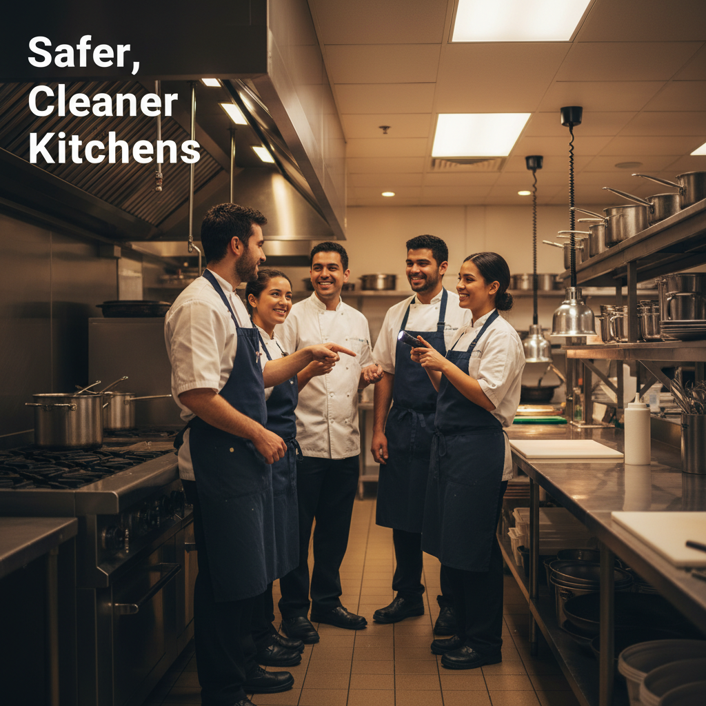 Ontario commercial kitchen team inspecting clean exhaust fan and grease trap after restaurant cleaning services