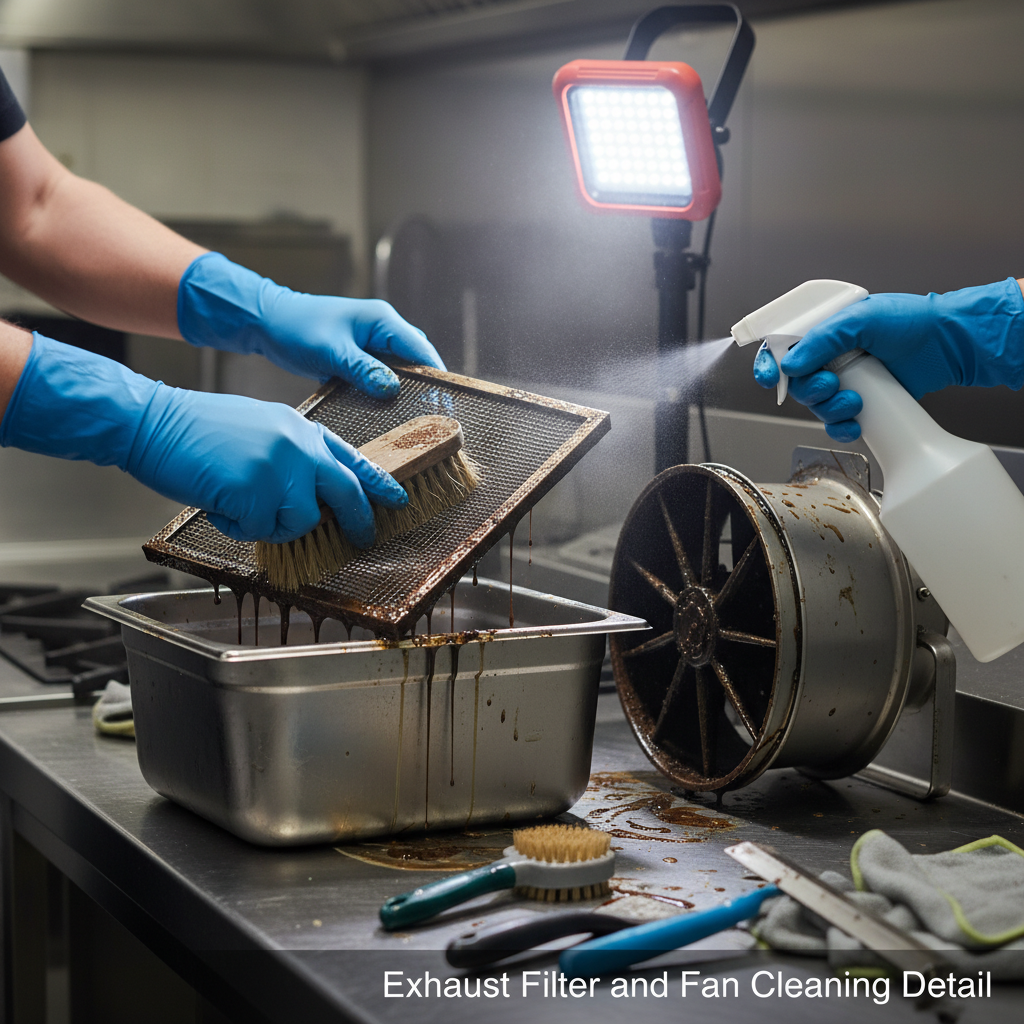 close-up of kitchen exhaust filter and fan during professional kitchen exhaust cleaning